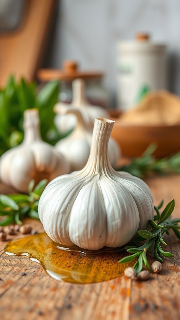 A single garlic clove on a wooden table with herbs and olive oil, representing health benefits.